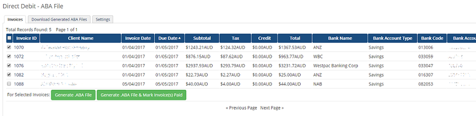 Direct Debit - ABA File: Screen Shot